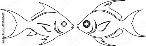 Two black tribal fish silhouettes facing each other with purple and blue eyes, abstract aquatic sea life vector illustration.