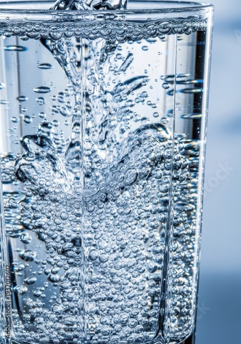 Extreme close-up of clear sparkling water with tiny bubbles rising rapidly in a crystal glass, emphasizing cold refreshment and purity, healthy, non alcoholic, effervescence