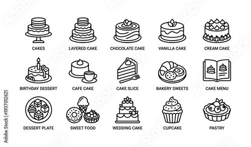 Icon set of various cakes and desserts including cupcake, chocolate, and vanilla cake