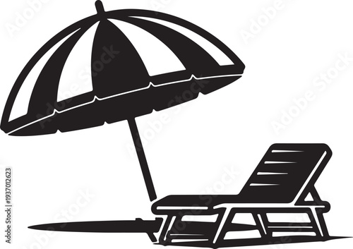 Silhouette of a beach chair and umbrella isolated on transparent background
