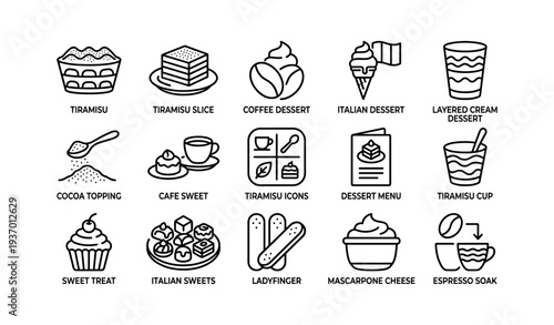 Tiramisu icons set: coffee, dessert, mascarpone, italian treats, layers