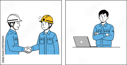 Construction Workers Handshake Agreement and Office Worker Thinking at Laptop Illustration, Business Cooperation and Workplace Problem Solving Concept