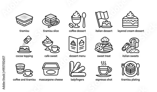Italian desserts: tiramisu, coffee, and sweets icons set