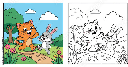 Cute cartoon orange cat and gray rabbit running and jumping happily on a garden path with flowers and trees