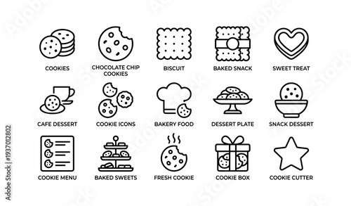 Assorted cookie icons: chocolate chip, biscuit, bakery treats, heart shapes, dessert plates