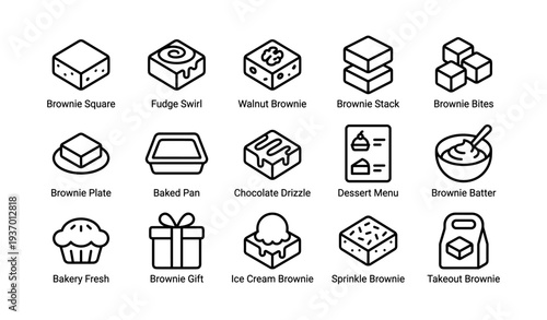 Assorted brownie icons: fudge, walnut, stack, and more in outline style