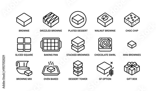 Brownie icons: various types and cooking tools illustrations