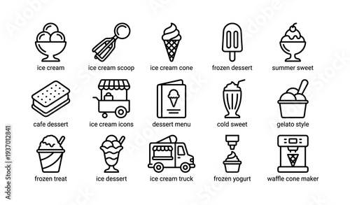 Variety of ice cream and frozen dessert icons in simple line art style