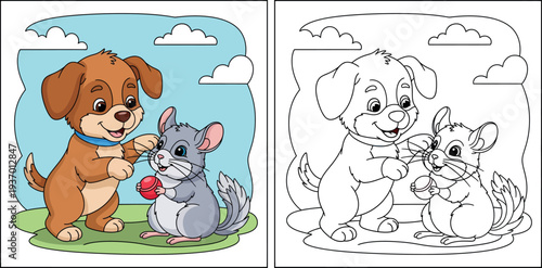 Cute cartoon brown puppy dog and gray chinchilla playing with red ball in sunny garden nature vector illustration