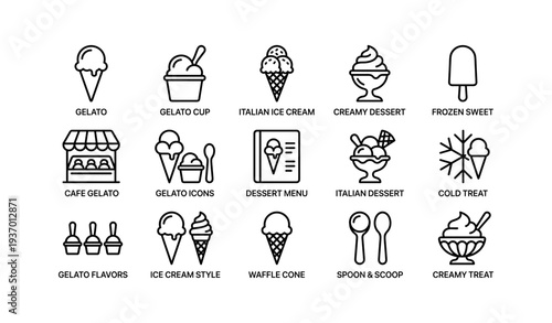 Variety of gelato and ice cream icons: cups, cones, and desserts for cafe menus