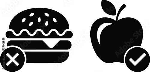 Healthy vs Unhealthy Food Choice Icon Set with Burger and Apple