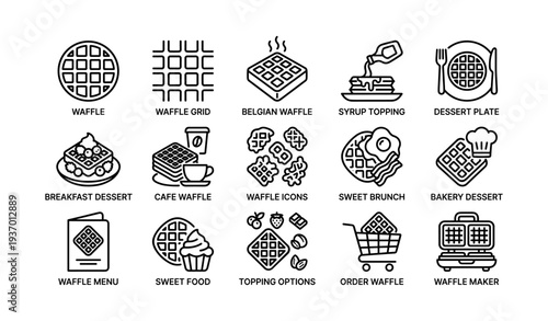 Waffle icons and toppings with breakfast and dessert themes