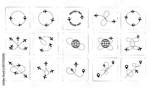 Modern Airplane Flight Route Icons Collection with Dashed Path Lines and Map Location Pins