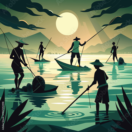 Vector illustration of people fishing at sunset
