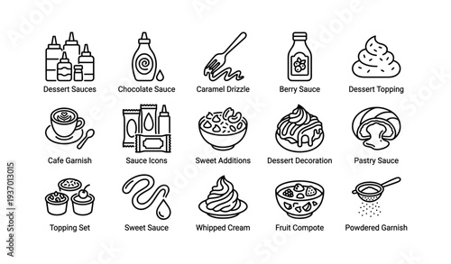Variety of dessert sauces and toppings icons for sweet culinary creations
