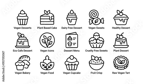 Collection of vegan dessert icons featuring cakes cupcakes and sweets