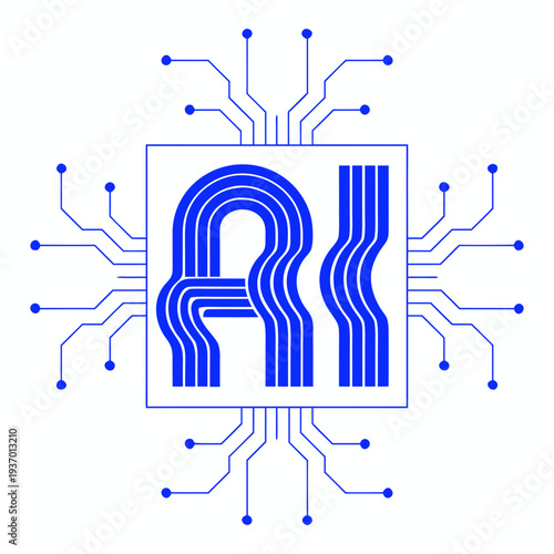 A bold, stylized "AI" design in blue, shaped like circuit pathways. The letters sit inside a square frame, with lines branching outward like microchip connections, symbolizing artificial intelligence 