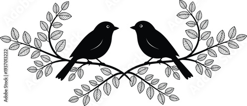 Symmetrical black silhouette of two birds perched on leafy branches with decorative foliage isolated on a clean white vector background.