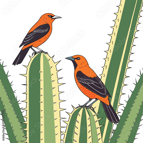 Desert Birds Among Tall Cacti ? Sharp Wildlife Focus with Soft Blue Sky Background.
