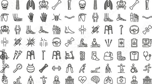 Medical and human anatomy line icon collection featuring skeleton bones, organs, rehabilitation equipment, healthcare tools and hospital symbols for medicine education,