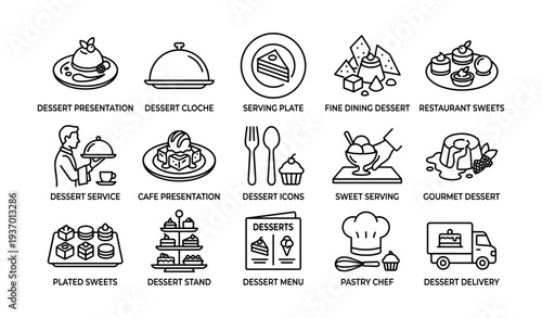 Dessert icons collection: presentation, serving, and gourmet sweets in line art