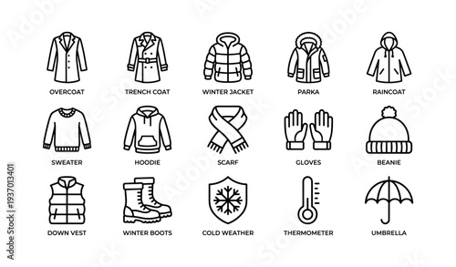 Winter clothing icons collection featuring various outerwear and accessories