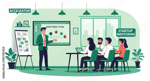 Business mentor presenting startup ideas to attentive team.