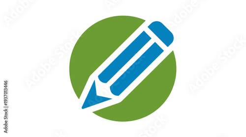 A blue and white pencil icon angled over a green circle against a white background