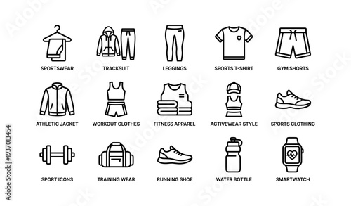 Sportswear icons set featuring tracksuit, leggings, t-shirt, and gym accessories
