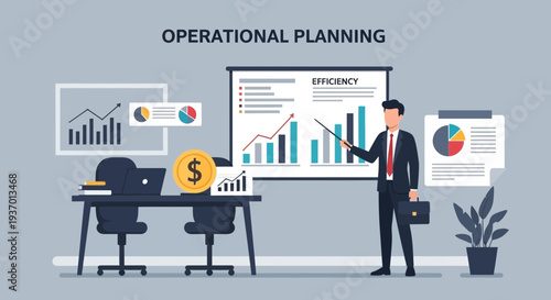 Business professional presenting operational planning data on screen.