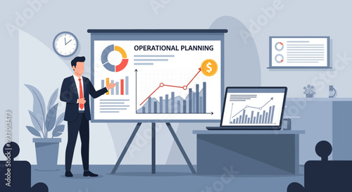 Business professional presenting operational planning data on a screen.