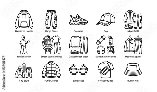 Urban streetwear collection featuring hoodies, sneakers, and modern apparel icons