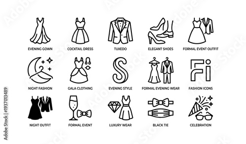 Elegant evening wear and accessories icon set for formal events