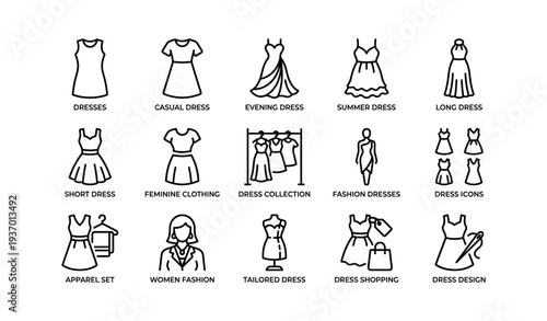 Variety of women's dress icons: casual, evening, summer, long, and fashion design