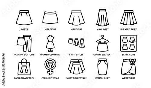 Skirt types and fashion icons: mini, midi, maxi, pleated, pencil, wrap styles illustrated