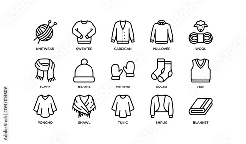 Knitwear collection: sweater, cardigan, pullover, wool accessories and garments icons