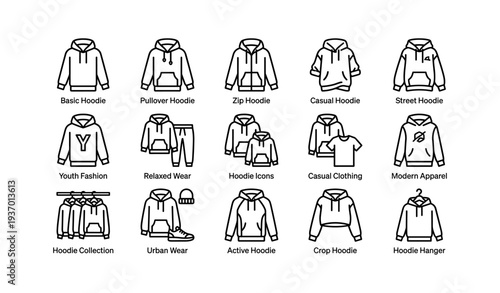 Diverse hoodie icons collection: pullover, zip, casual, street, urban styles