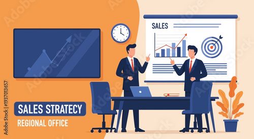 Businessmen presenting sales strategy in modern office meeting.