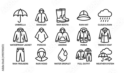 Weather clothing icons: umbrella, raincoat, rain boots, rain hat, cloud, jacket, poncho, anorak, parka, trench coat