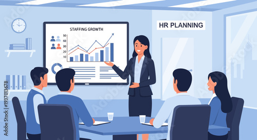 Businesswoman presenting staffing growth chart to team.