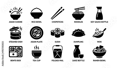 Asian cuisine icons: rice bowl, chopsticks, noodles, sushi, dumpling, wok