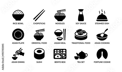 Icons of asian cuisine: rice, noodles, sushi, and traditional dishes