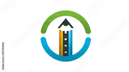 A pencil-shaped object within a colorful oval, evoking education or creativity