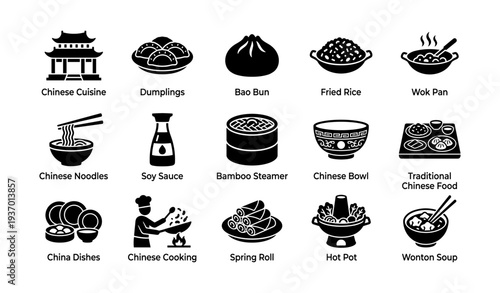 Chinese cuisine icons: dumplings, noodles, bao bun, fried rice, hot pot