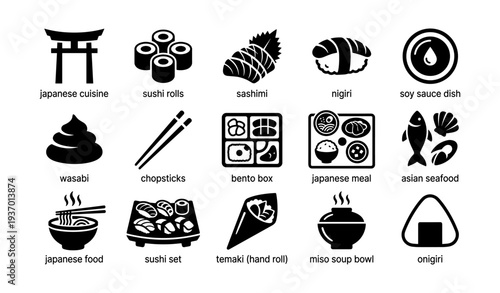Japanese cuisine icons featuring sushi, sashimi, and traditional dishes