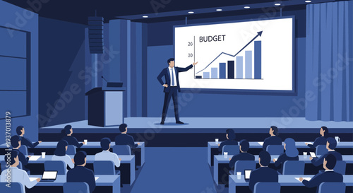 Man presenting financial growth chart on large screen to audience.