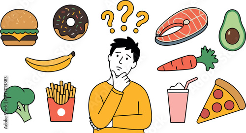 Man thinking about healthy and unhealthy food choices with fruits vegetables and fast food balanced diet concept vector illustration