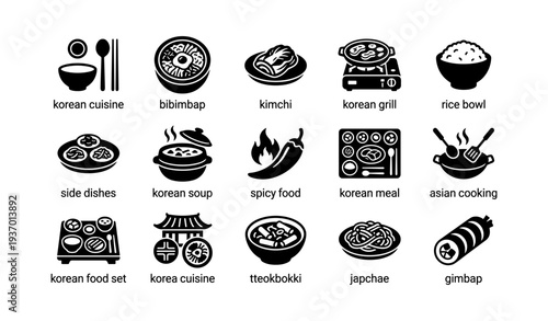 Korean cuisine icons: bibimbap, kimchi, korean grill, rice bowl, tteokbokki