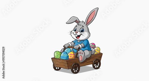 An Easter bunny riding a wooden wagon filled with colorful eggs