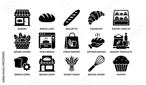 Bakery icons collection featuring loaf, baguette, croissant, and baking tools